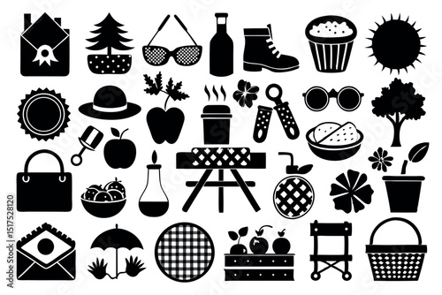Summer Vacation Black Silhouette Icons Set