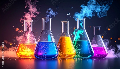 Colorful chemical flasks with bubbling liquids and smoke, vibrant science experiment concept in laboratory setting