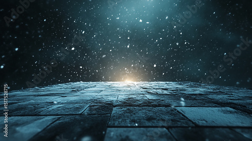 Snowflakes Falling on Pavement with Glowing Light in Dark Atmosphere