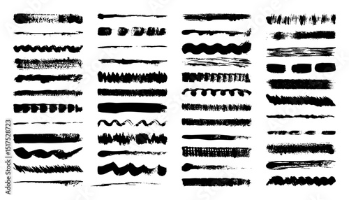 Grunge brush strokes, lines, ink smudges, hand-drawn scribble shapes. Handmade sketchy marks, acrylic stains, charcoal streaks. Paint textures, dry brush effect. Marker underline. Vector illustration