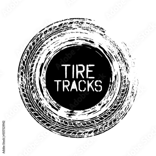 Grunge circle tire track, wheel braking mark. Truck, car or motorcycle tread pattern silhouettes. Auto race, motorsport, speed racing design element. Vector illustration