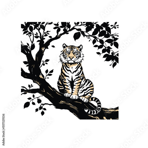 Majestic Tiger Sitting on Tree Branch – Detailed Vector Illustration Showcasing Wildlife, Nature, and Artistic Black-and-White Contrast