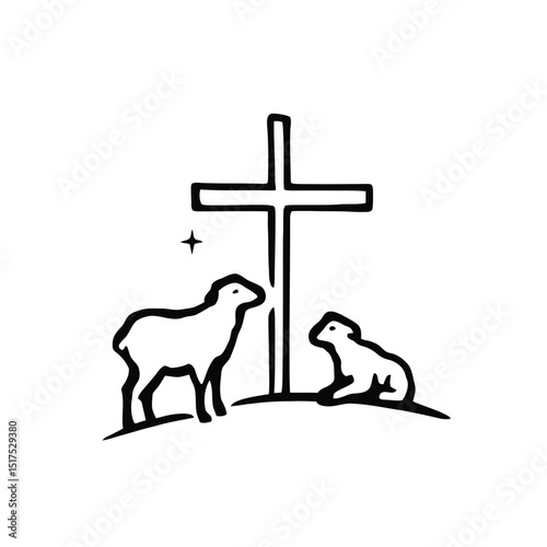 Cross with Two Lambs in Minimalist Religious Vector Art – Symbolic Representation of Faith, Christianity, and Spiritual Themes