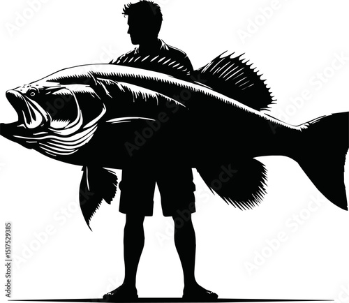 fisherman hold big fish silhouette illustration on white background