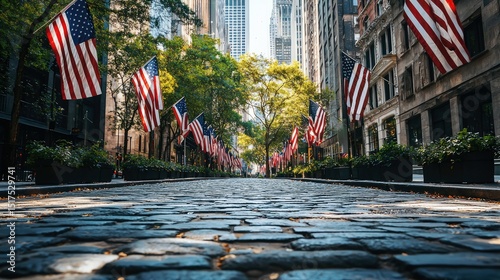 Ai-generated image: cobblestone street in nyc with american flags - a patriotic scene
