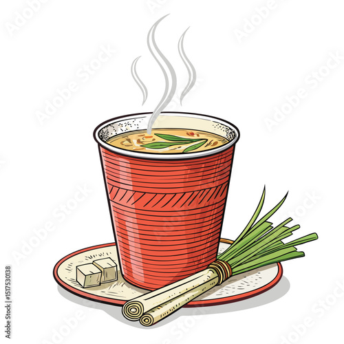 Close-up studio shot of a steaming cup of Thai lemongrass tea, isolated on a pure white background.  Show vibrant color and steam.