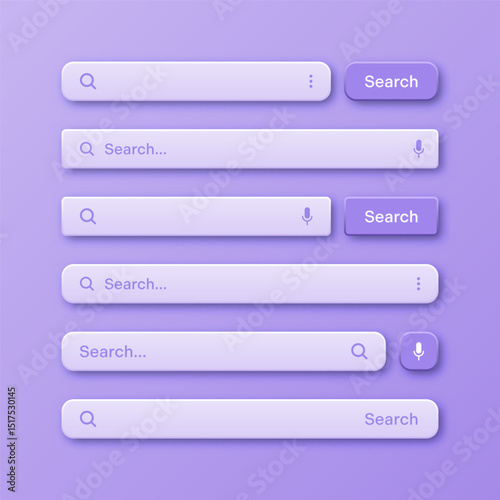 Colorful 3d search bar templates. Internet browser engine with search box, address bar and text field. UI design, website interface element with web icons and push button. Vector illustration