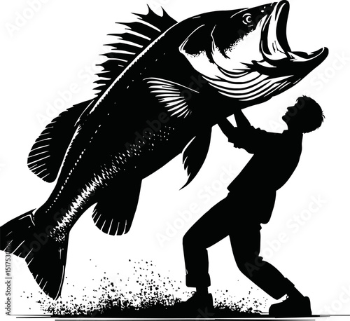 fisherman hold big fish silhouette illustration on white background