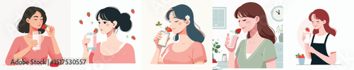 vector of a woman drinking strawberry milk