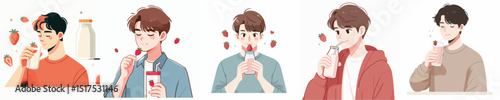 vector of a young man drinking strawberry milk