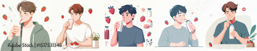 vector of a young man drinking strawberry milk