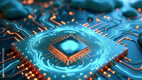 Close-up of a futuristic microchip surrounded by glowing circuitry and abstract digital elements