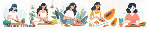 vector of a woman cutting papaya fruit