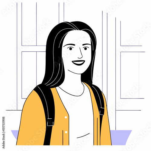 Vector cheerful young woman with long hair wearing yellow cardigan and backpack stands confidently