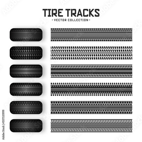 Tire tracks, rubber wheels, and braking marks. Truck, car, or motorcycle tread pattern silhouettes. Perfect for auto racing, motorsport, and speed-related designs. Vector illustration
