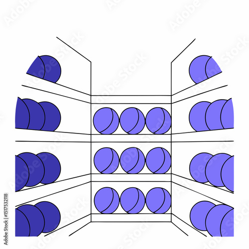 Vector colorful arrangement of circular shapes on shelves creates vibrant display