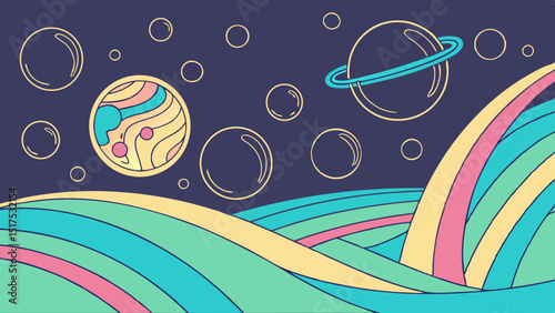 Vector Colorful abstract design featuring waves, planets, and bubbles, evoking whimsical atmosphere
