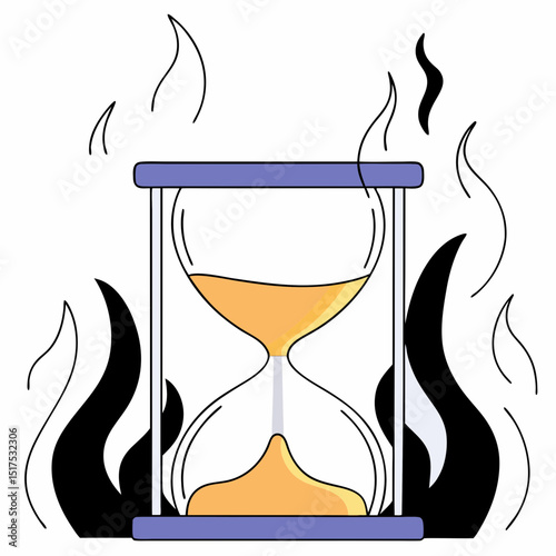 Vector hourglass with sand flowing, surrounded by flames, symbolizes urgency and time