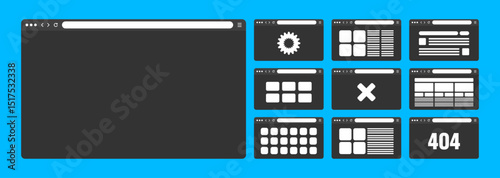 Web browser window, pages layout with toolbar and search field. Modern website, internet page in flat style. Browser mockup for computer, tablet and smartphone. Adaptive UI. Vector illustration