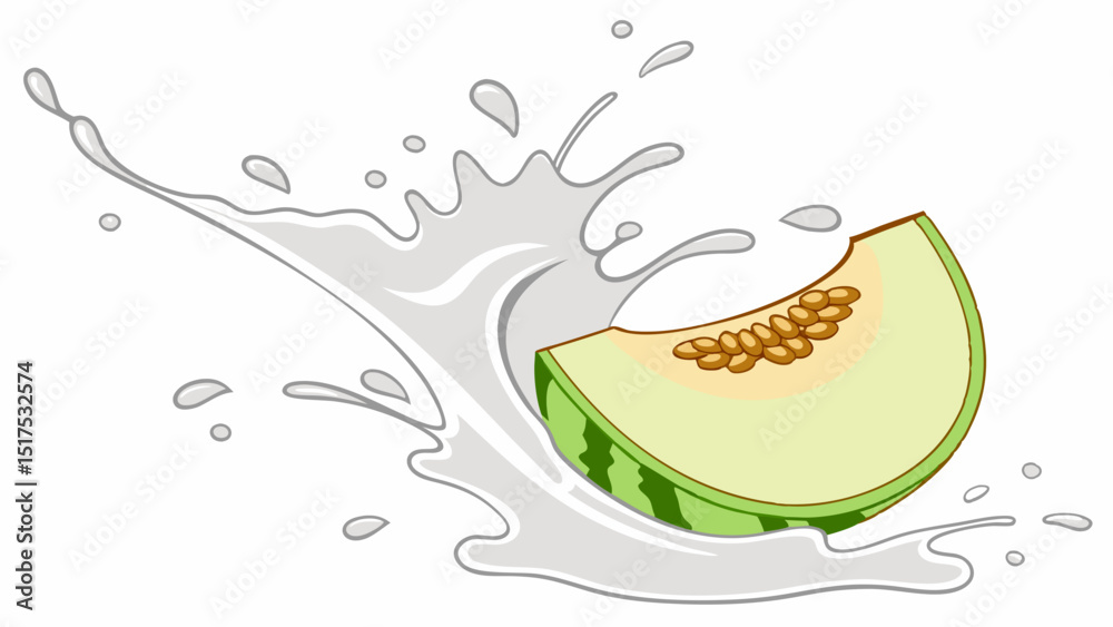 Fototapeta premium Vector Fresh melon slice splashing in milk, creating vibrant and playful scene
