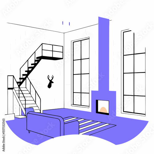Vector modern apartment interior featuring stylish staircase, large windows, and cozy fireplace