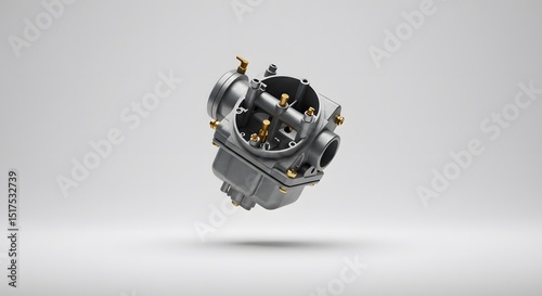 Detailed Closeup of a Motorcycle Carburetor, Precision Engineering, Metal Parts, Silver and Gold Accents, Isolated on White Background
