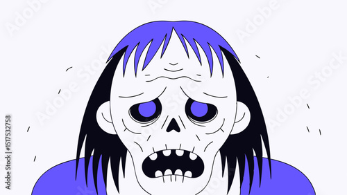 Vector cartoon zombie with distressed expression, featuring blue hair and pale face