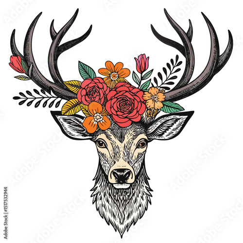 Create a detailed image of a deer head, adorned with vibrant flowers and majestic antlers, isolated on a pure white background.  High resolution, realistic style.