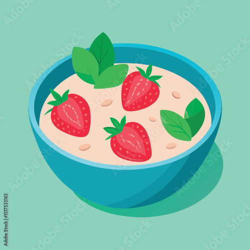 Fresh strawberries atop healthy oatmeal.