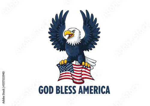 Patriotic Bald Eagle with American Flag God Bless America Illustration