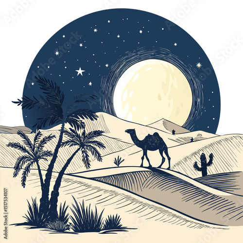 A majestic full moon rises over a dramatic desert skyline, silhouetting a lone camel against the vibrant hues of twilight.