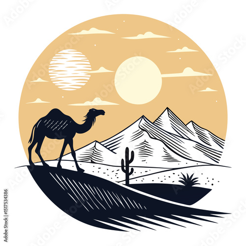 A majestic full moon ascends over a dramatic desert skyline, silhouetting a lone camel against the star-dusted twilight.