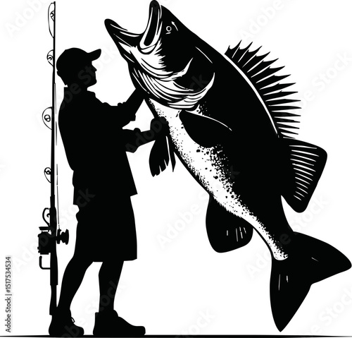 fisherman hold big fish silhouette illustration on white background