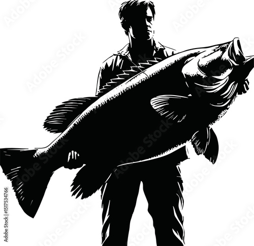 fisherman hold big fish silhouette illustration on white background