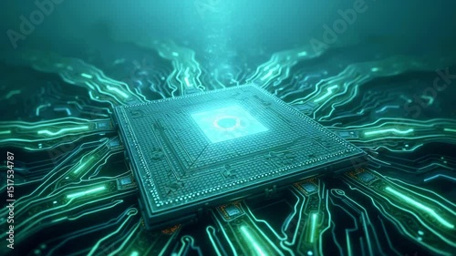 Futuristic microchip surrounded by glowing circuits, showcasing advanced technology in a digital landscape