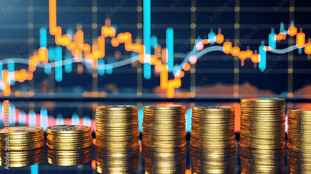 Gold coin stacks with vibrant stock market chart background, showcasing financial growth and investment trends, ideal for trading and economy videos