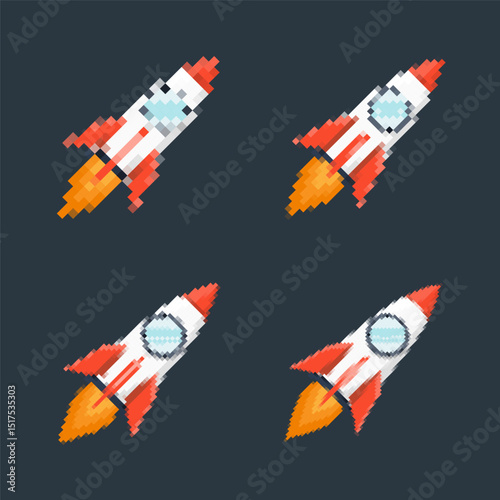 Pixel art rocket with fiery trails, retro games, space-themed designs, apps, or animations. 8-bit style for technology, sci-fi, and futuristic creative projects. Vector illustration