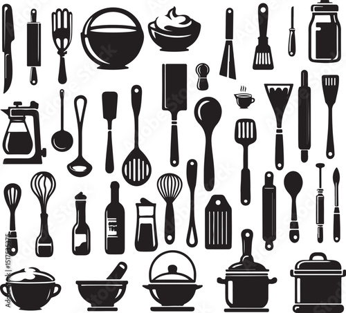 Kitchen tools line art silhouette vector image.