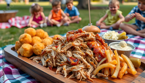 Outdoor Picnic Scene Featuring Variety Of Foods On Wooden Platter with Children in Background