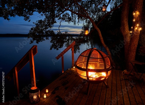 Obraz na plátne Cozy lakeside evening with fire pit and lanterns.