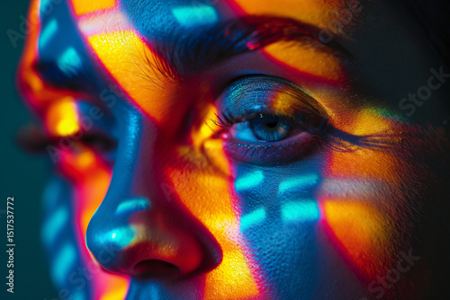 Close-up of a woman's eye illuminated by colorful lights in a cinematic portrait style with a moody atmosphere. Generative AI