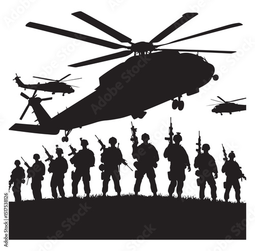 "Military Helicopter and Troops Silhouette"