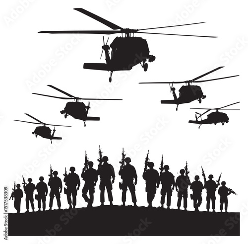 "Military Helicopter and Troops Silhouette"