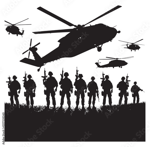 "Military Helicopter and Troops Silhouette"