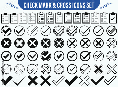 A collection of check mark and cross icons set — clean, modern vector symbols representing right and wrong, perfect for indicators and design elements. [ check mark and 
cross icons vector set- illust