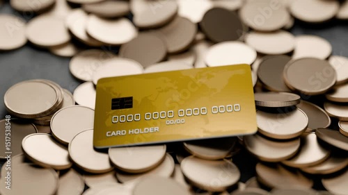 Credit card falls on gold coins. Cryptocurrency exchange. Electronic money. Money transfer. Online payment concept. Banking services. Cashless payment. Debit bank card. Credit card.