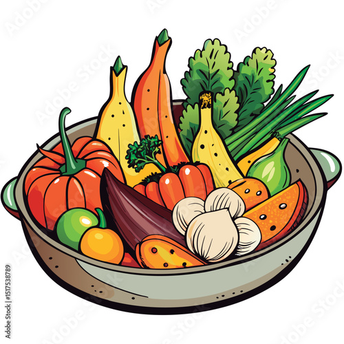 Colorful vegetable medley in a pot.
