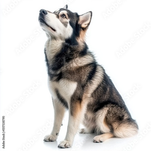 Adorable young Siberian Husky puppy with striking blue eyes sitting attentively against a plain white background, showcasing fluffy fur and alert posture