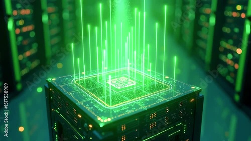 Futuristic data center with glowing green circuitry and holographic projections in a tech environment