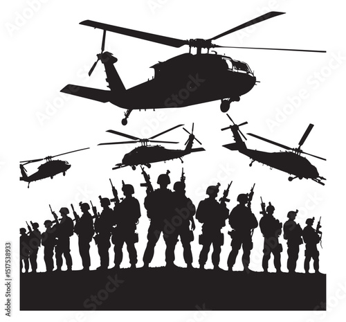 "Military Helicopter Deployment: Silhouette of Troops and Aircraft"